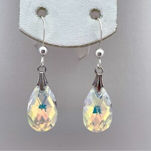 Sterling Silver AB Teardrop Crystal Earrings 925 Dangle Sparkling Drops